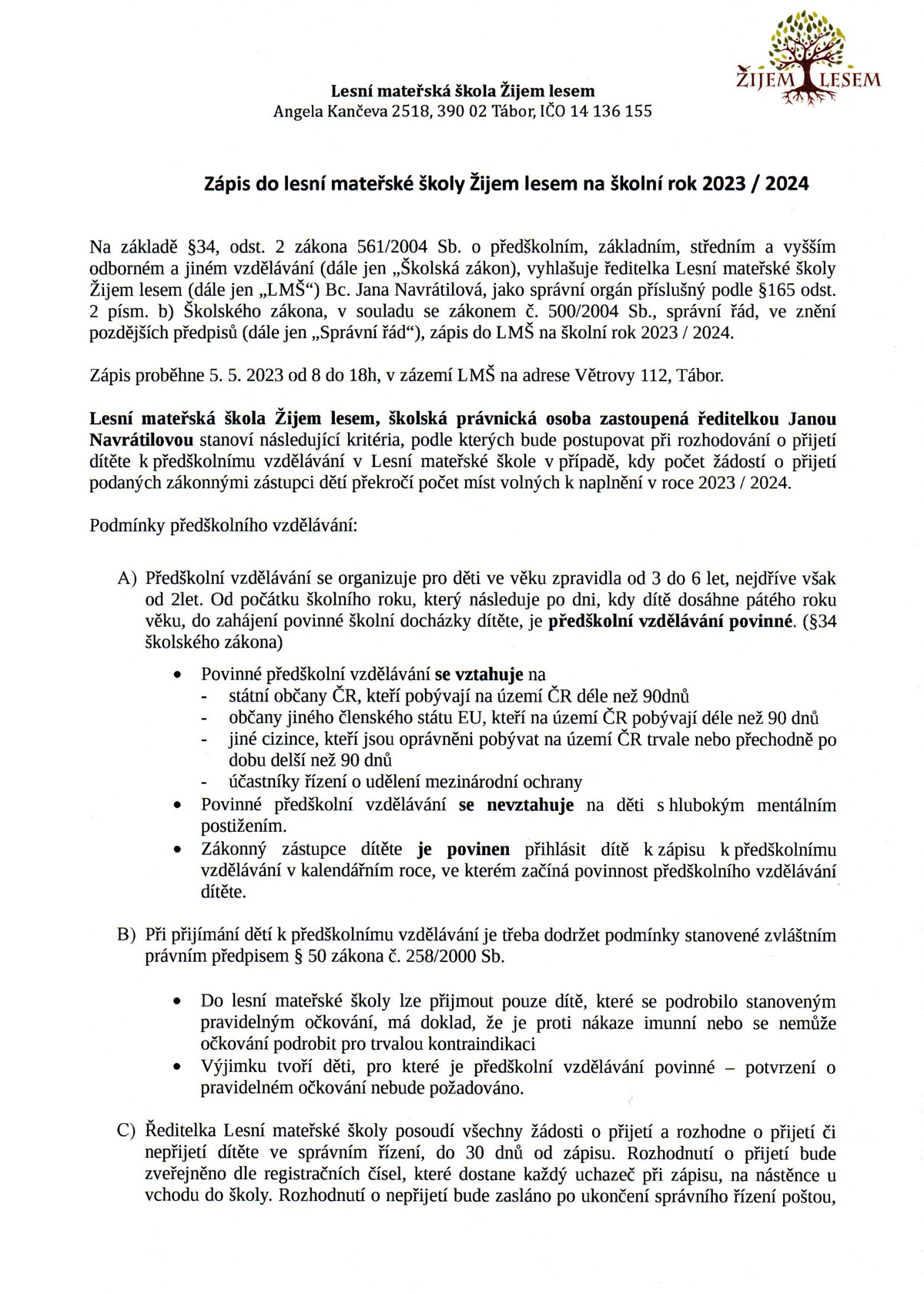 Kritéria zápisu 2023 / 2024, strana 1 - Zijemlesem.cz