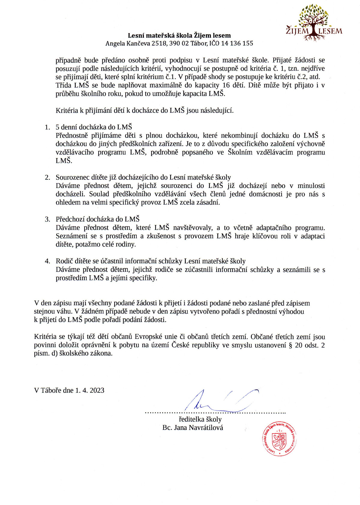 Kritéria zápisu 2023 / 2024, strana 2 - Zijemlesem.cz